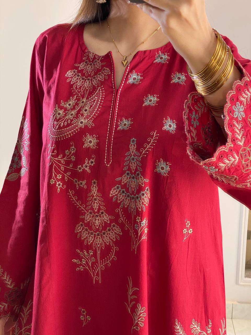 Delightful Maroon Embroidered 3-Piece Suit Set