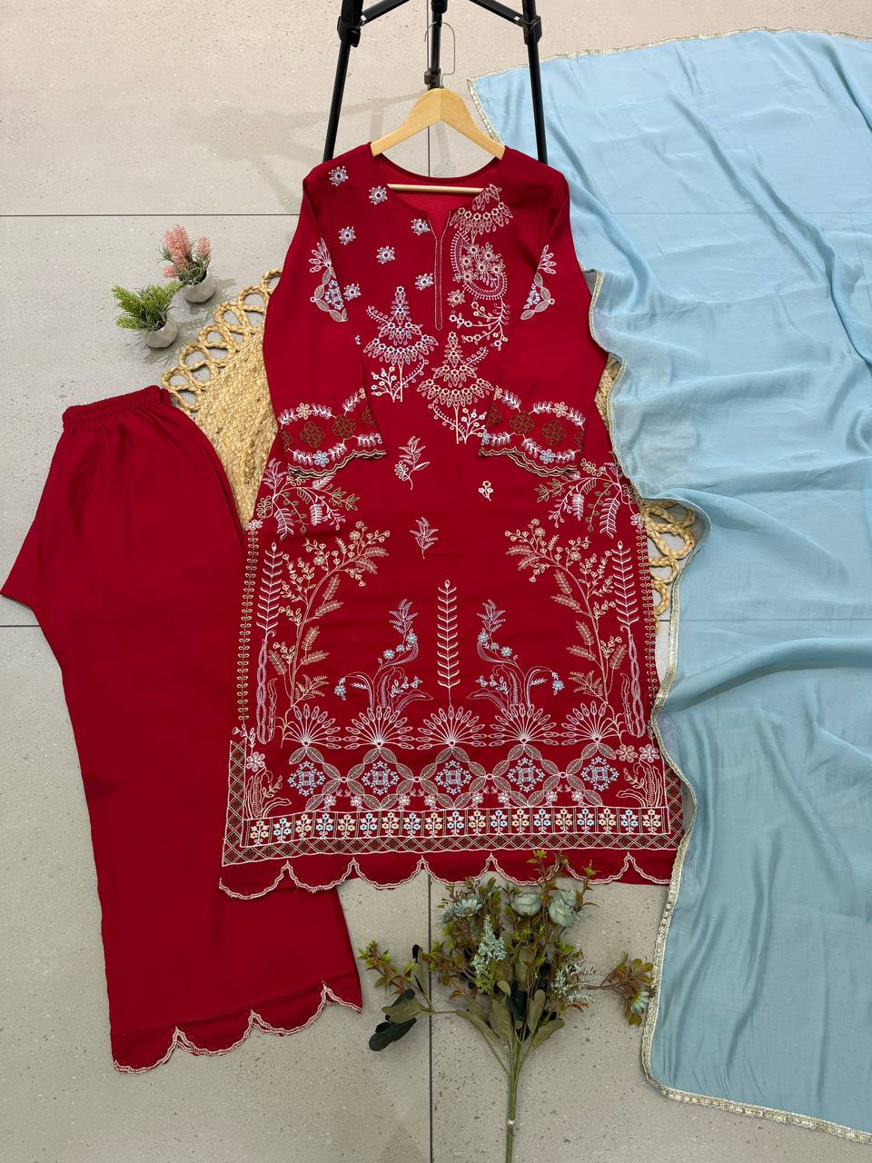 Delightful Maroon Embroidered 3-Piece Suit Set
