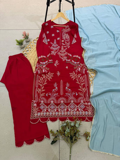 Delightful Maroon Embroidered 3-Piece Suit Set