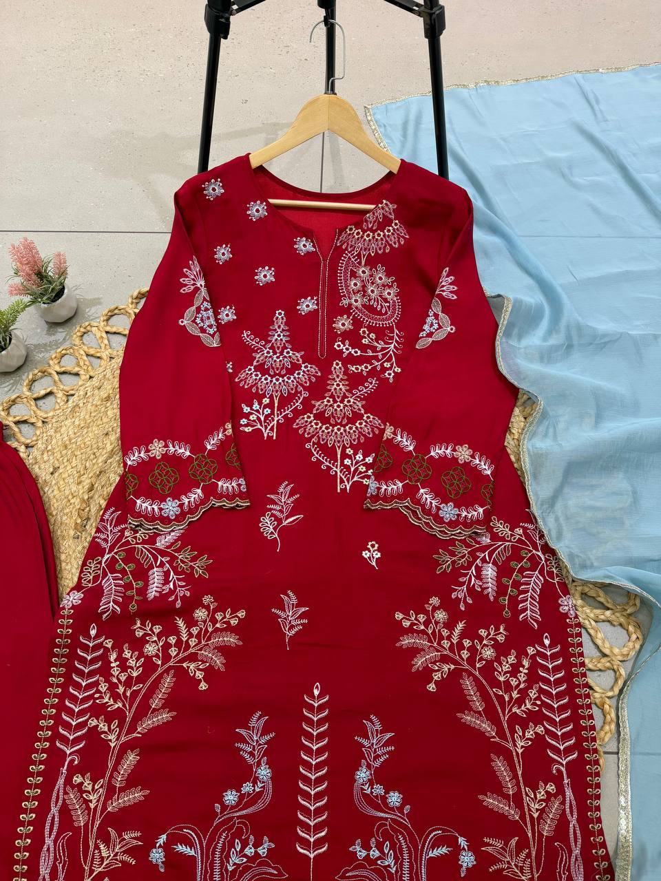 Delightful Maroon Embroidered 3-Piece Suit Set