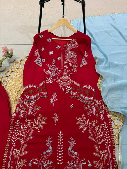 Delightful Maroon Embroidered 3-Piece Suit Set