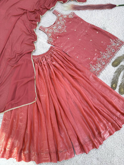 Charming Coral Embroidered Sharara Suit Set