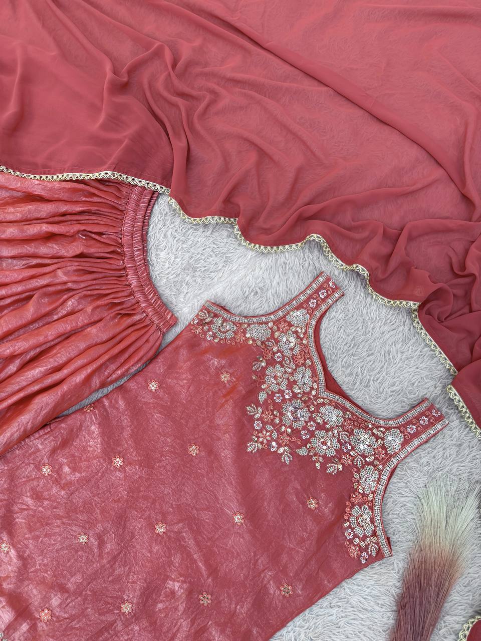 Charming Coral Embroidered Sharara Suit Set