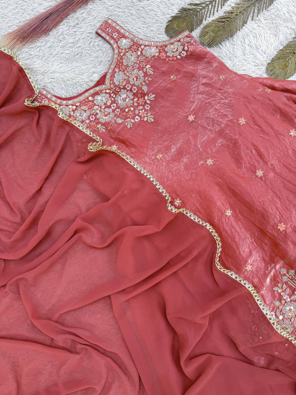 Charming Coral Embroidered Sharara Suit Set