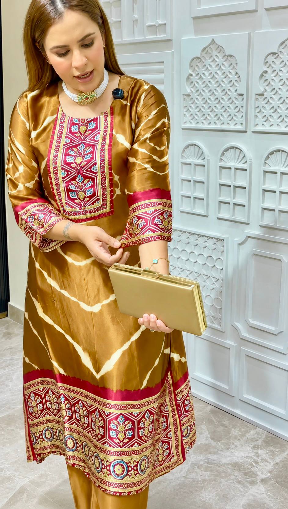 Beautiful Mustard Gold Printed Kurta Pant Set