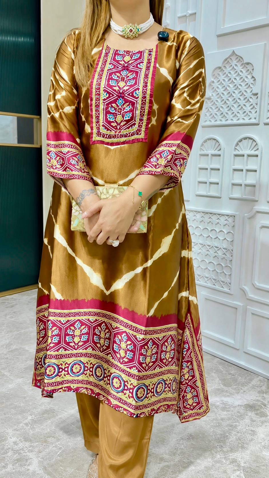 Beautiful Mustard Gold Printed Kurta Pant Set