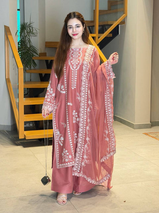 Elegant Rose Pink Embroidered 3-Piece Suit Set