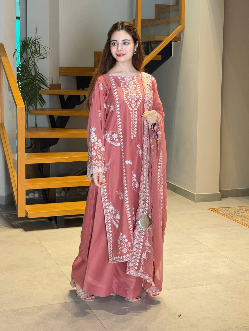 Elegant Rose Pink Embroidered 3-Piece Suit Set