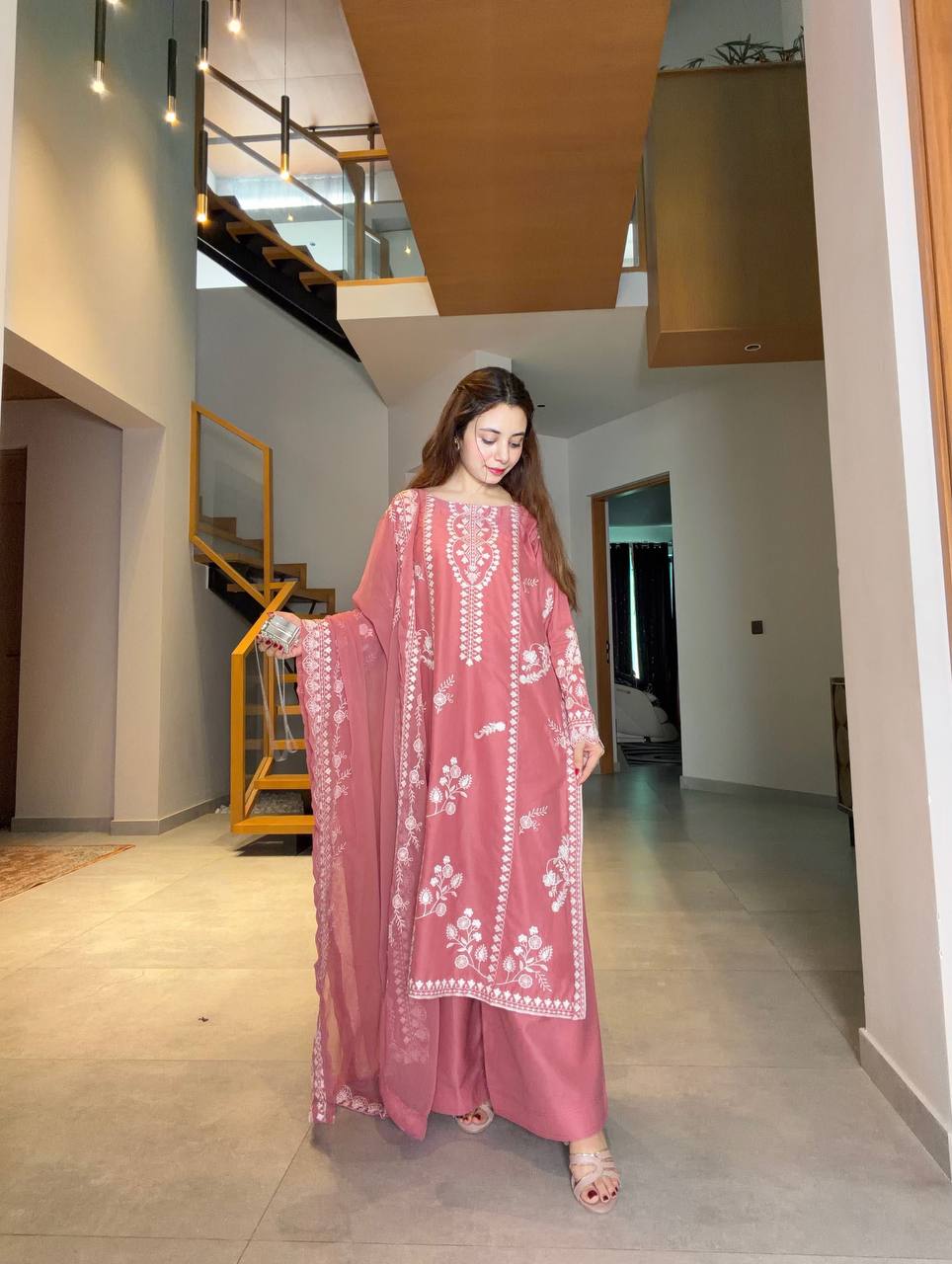 Elegant Rose Pink Embroidered 3-Piece Suit Set