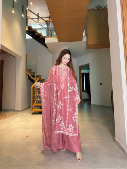 Elegant Rose Pink Embroidered 3-Piece Suit Set