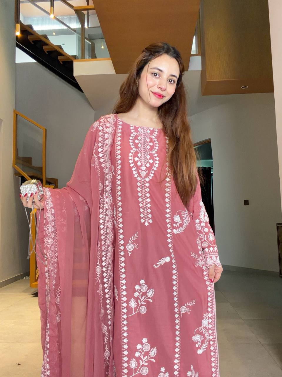 Elegant Rose Pink Embroidered 3-Piece Suit Set