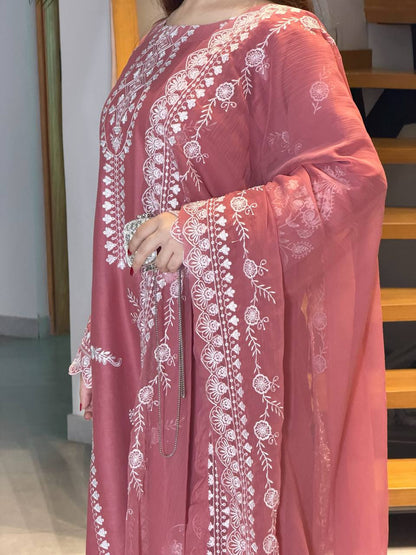 Elegant Rose Pink Embroidered 3-Piece Suit Set