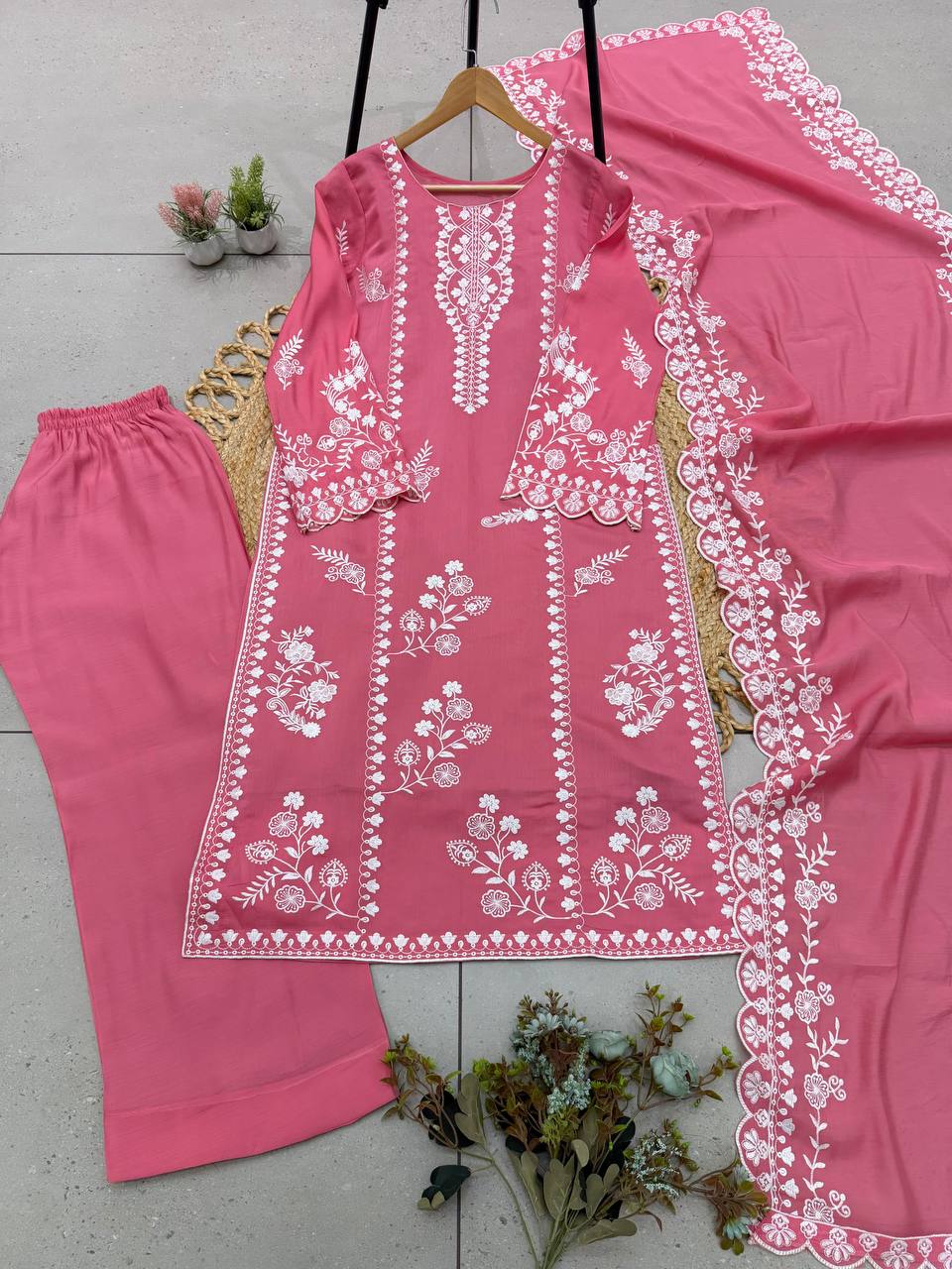 Elegant Rose Pink Embroidered 3-Piece Suit Set