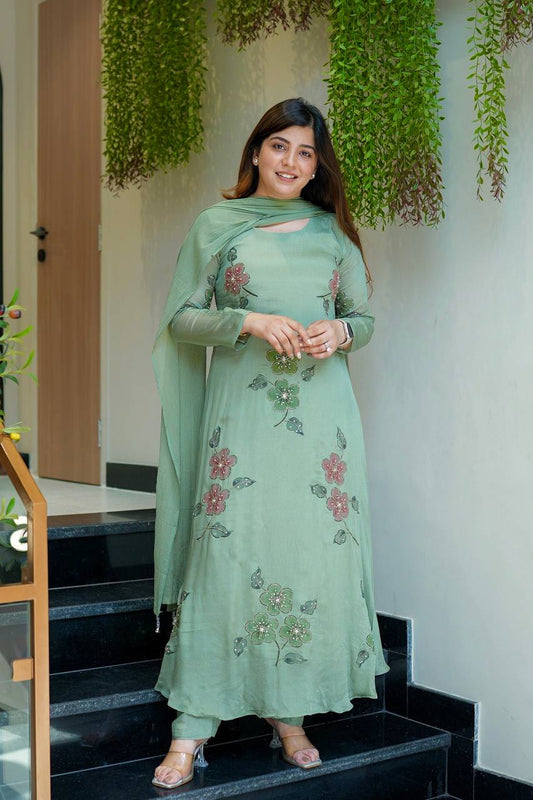Fresh Sage Green Floral Embroidered Suit Set