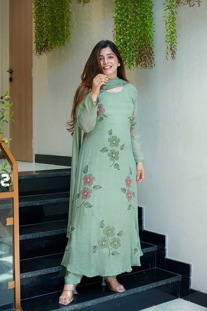 Fresh Sage Green Floral Embroidered Suit Set
