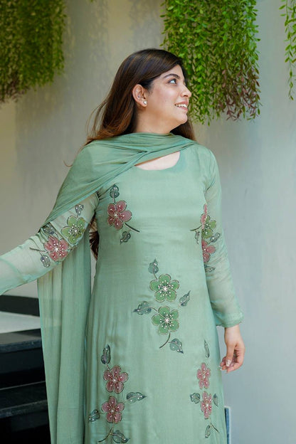 Fresh Sage Green Floral Embroidered Suit Set