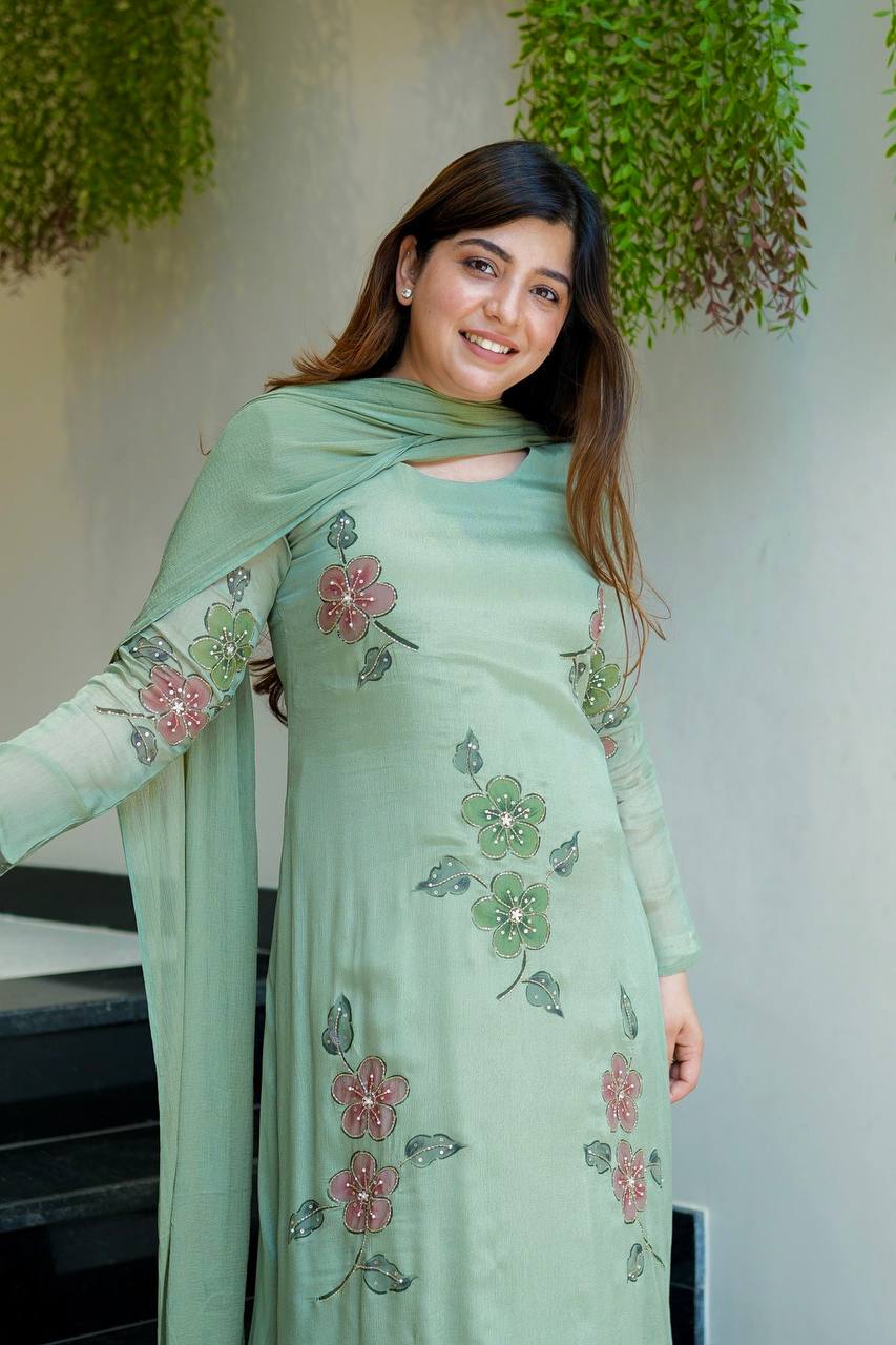 Fresh Sage Green Floral Embroidered Suit Set
