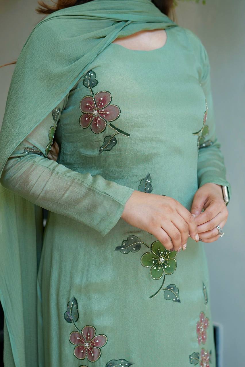 Fresh Sage Green Floral Embroidered Suit Set