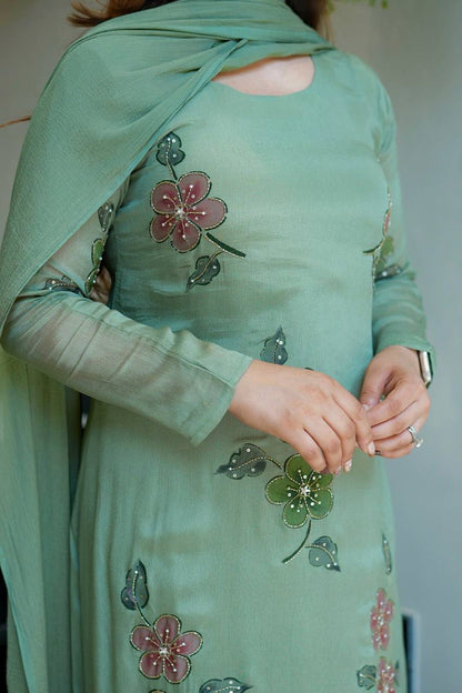 Fresh Sage Green Floral Embroidered Suit Set