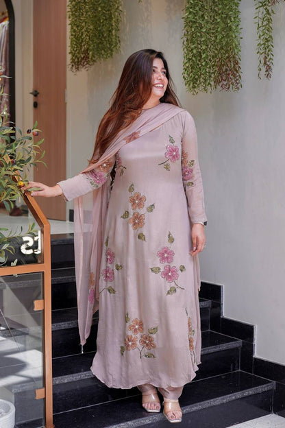 Pretty Dusty Pink Floral Embroidered Suit Set