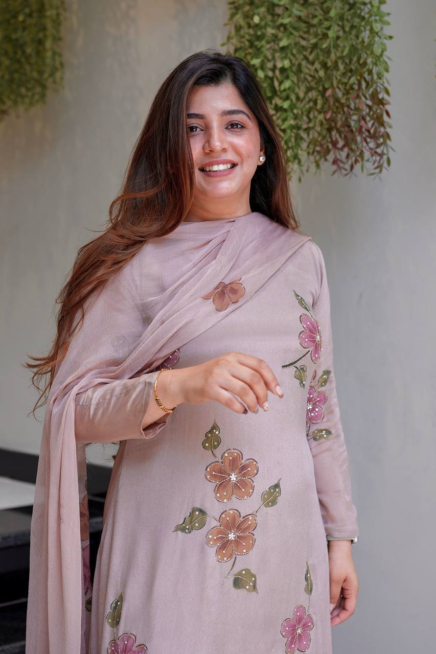 Pretty Dusty Pink Floral Embroidered Suit Set