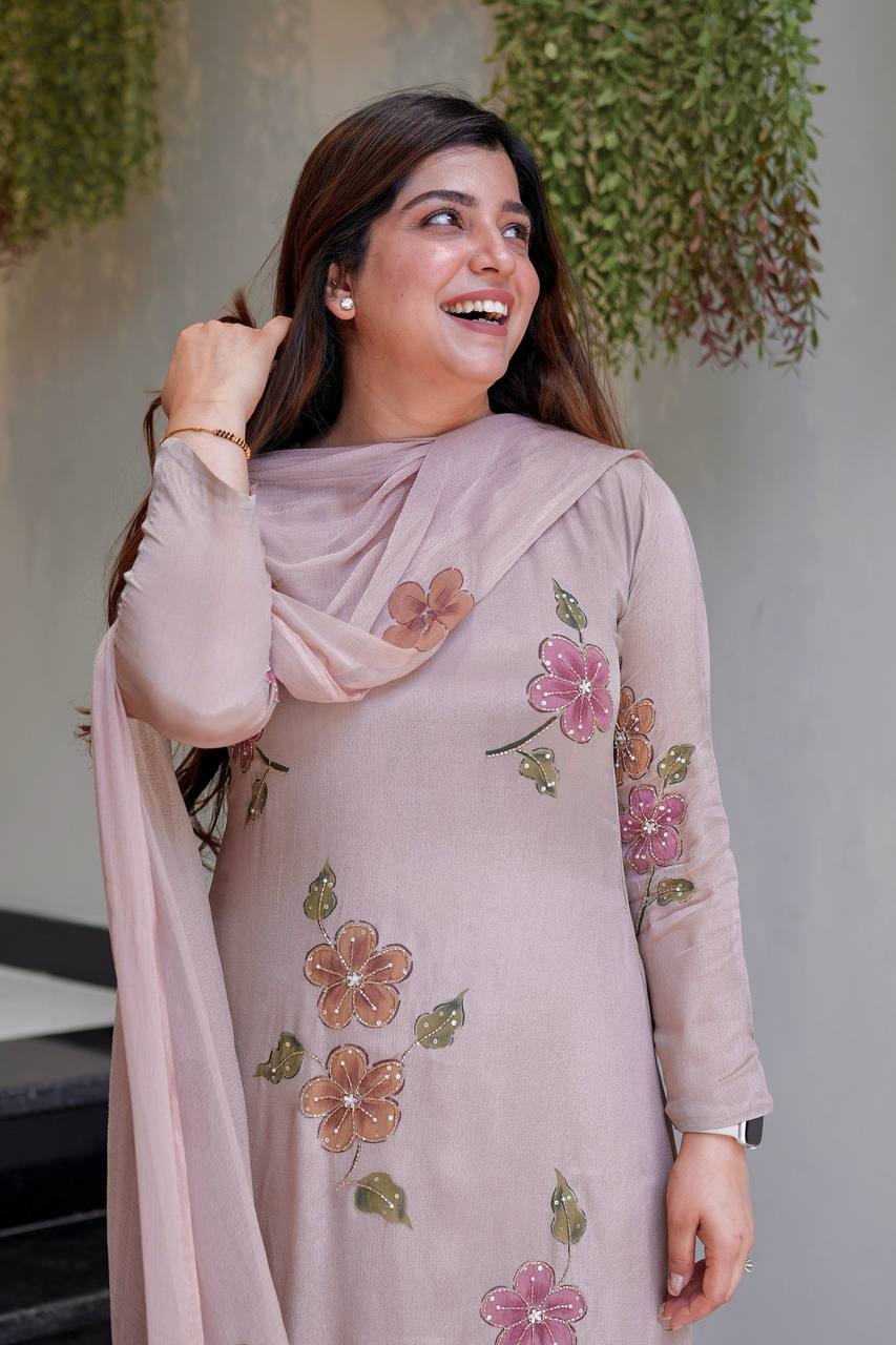 Pretty Dusty Pink Floral Embroidered Suit Set