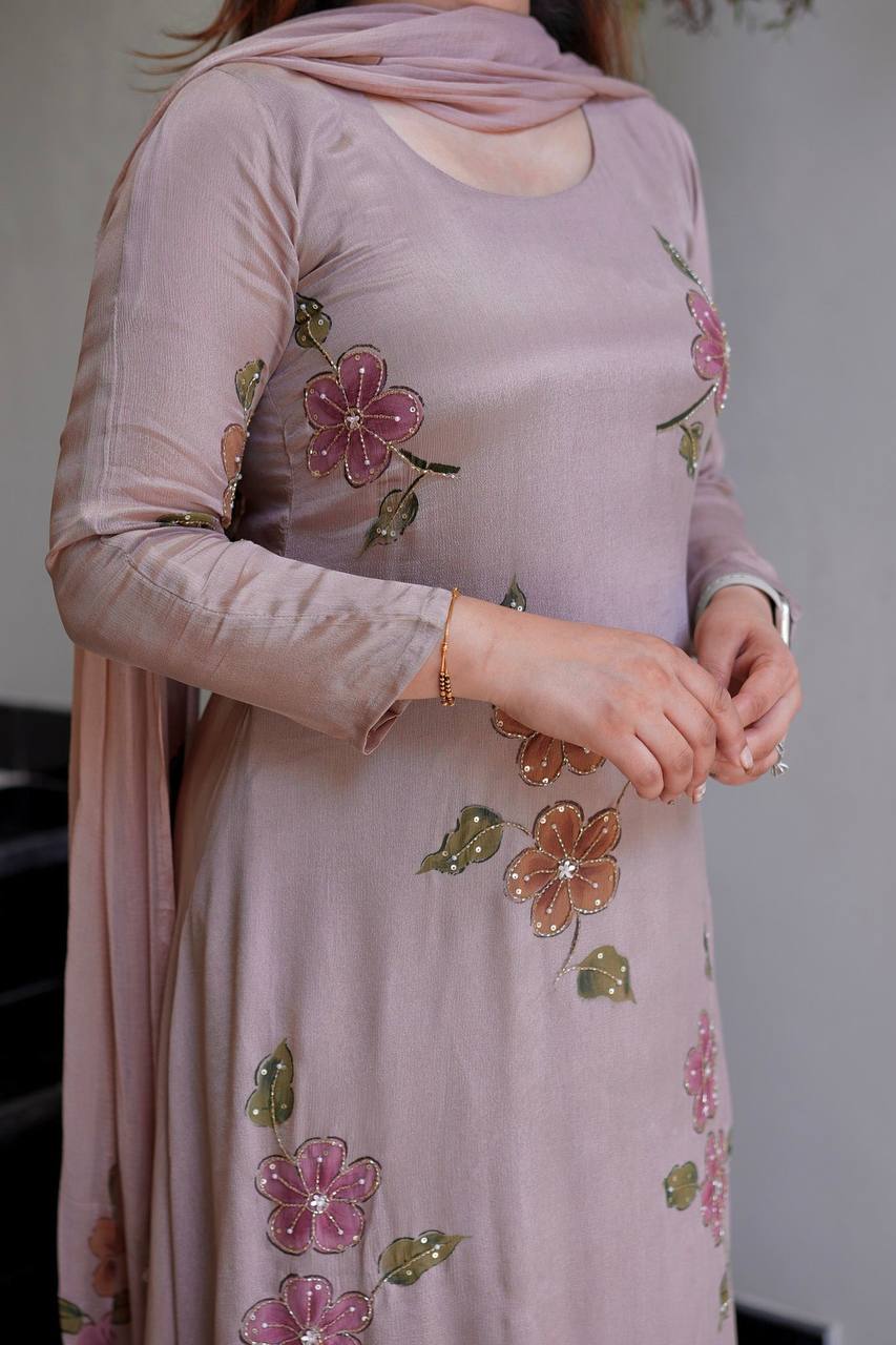 Pretty Dusty Pink Floral Embroidered Suit Set