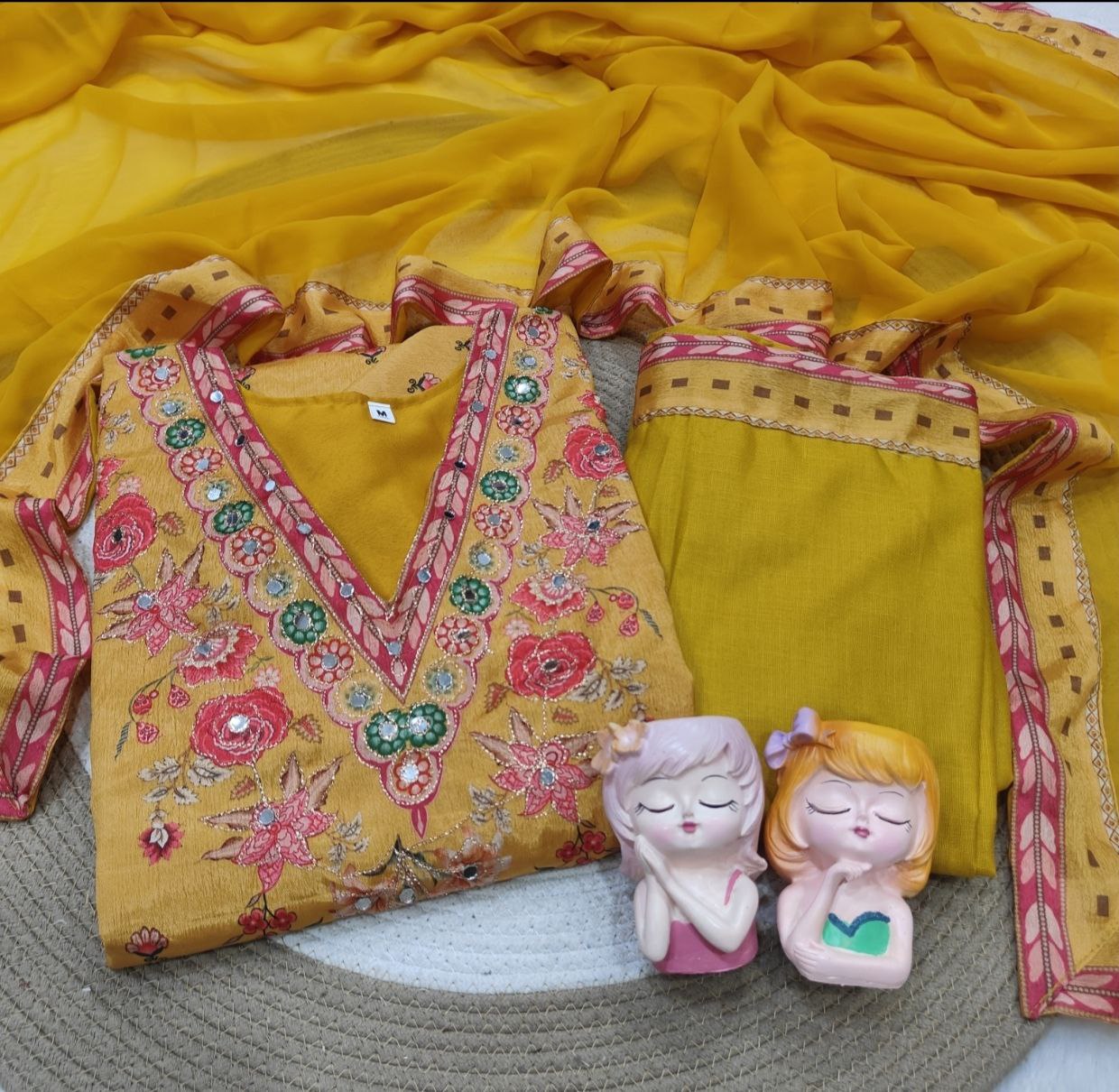 Stylish Mustard Yellow Floral Printed Unstitched Salwar Suit with Matching Dupatta