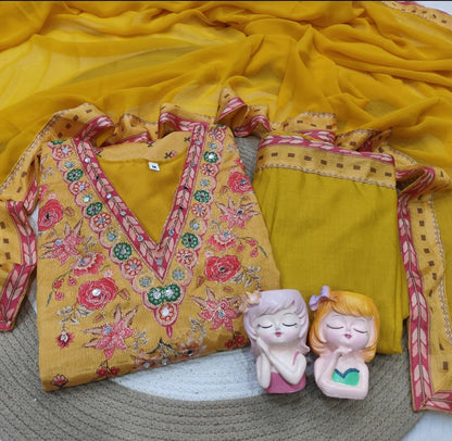 Stylish Mustard Yellow Floral Printed Unstitched Salwar Suit with Matching Dupatta