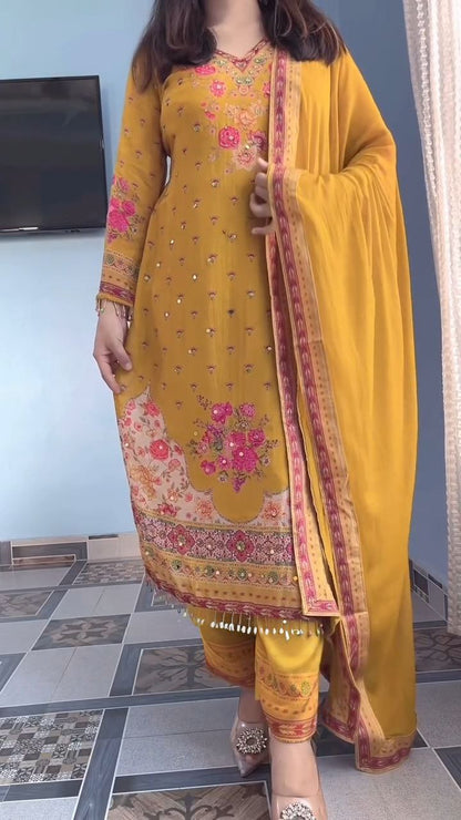 Stylish Mustard Yellow Floral Printed Unstitched Salwar Suit with Matching Dupatta