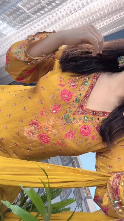 Stylish Mustard Yellow Floral Printed Unstitched Salwar Suit with Matching Dupatta