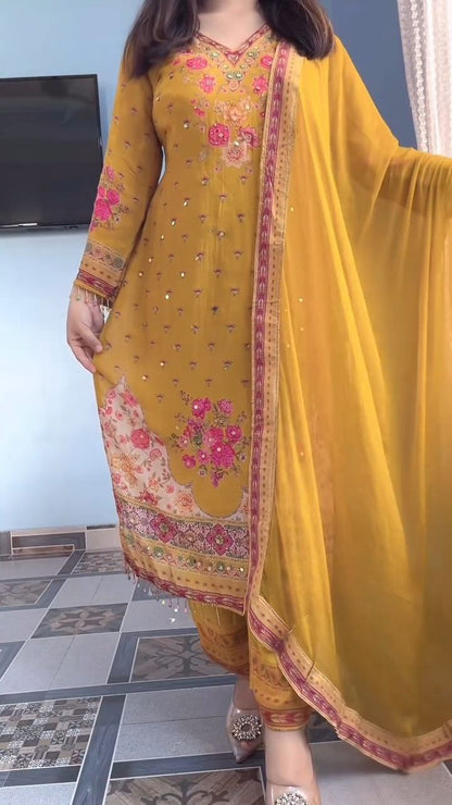 Stylish Mustard Yellow Floral Printed Unstitched Salwar Suit with Matching Dupatta