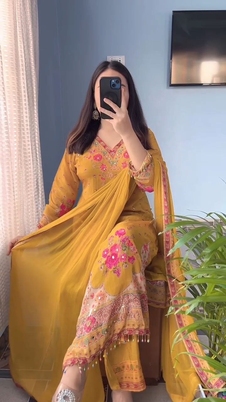 Stylish Mustard Yellow Floral Printed Unstitched Salwar Suit with Matching Dupatta