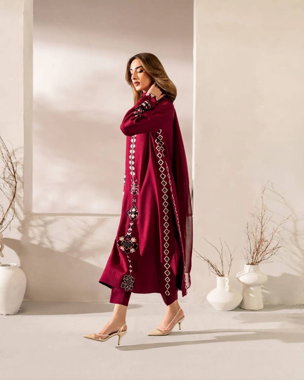 Wine Maroon Embroidered Straight Kurta Pant Dupatta Set