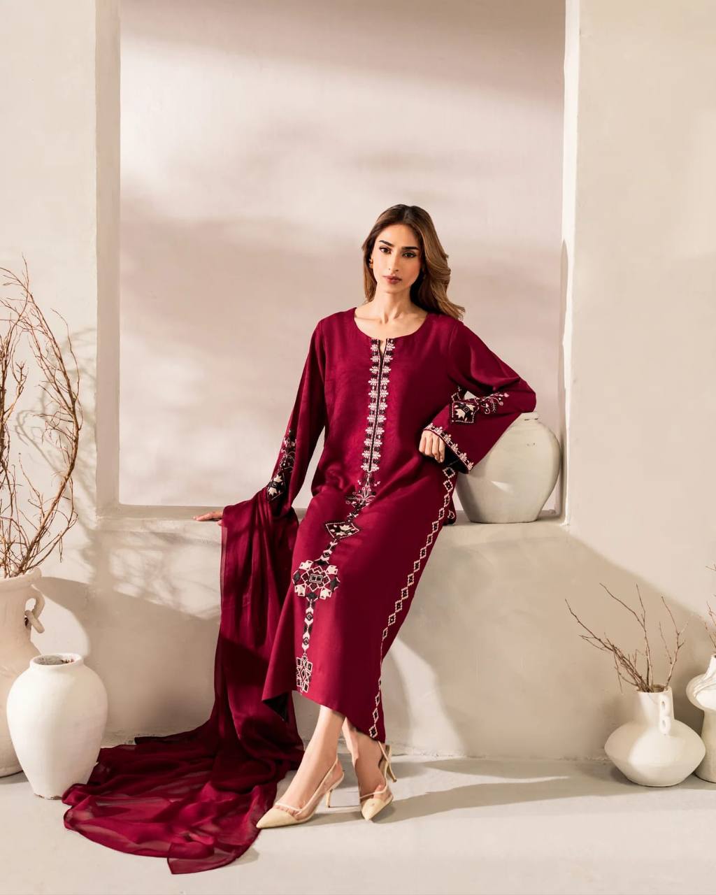 Wine Maroon Embroidered Straight Kurta Pant Dupatta Set