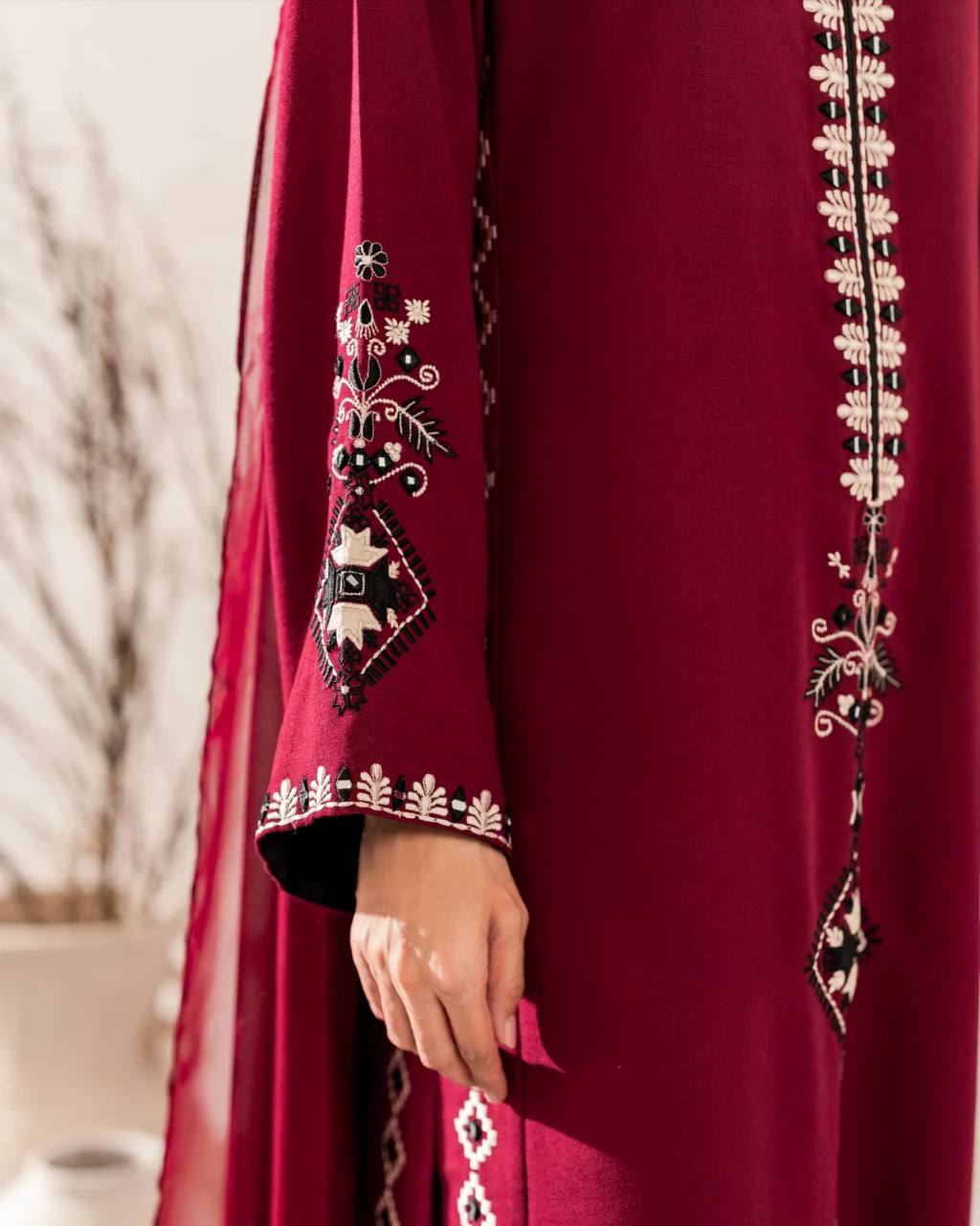 Wine Maroon Embroidered Straight Kurta Pant Dupatta Set