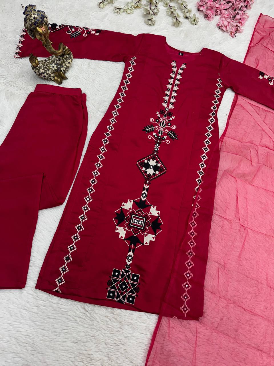 Wine Maroon Embroidered Straight Kurta Pant Dupatta Set