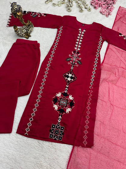 Wine Maroon Embroidered Straight Kurta Pant Dupatta Set