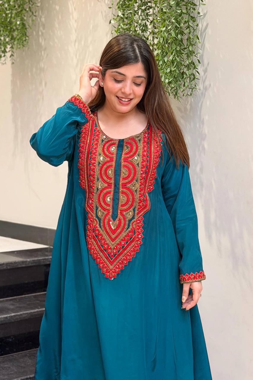 Teal Blue Embroidered Straight Kurta Palazzo Set