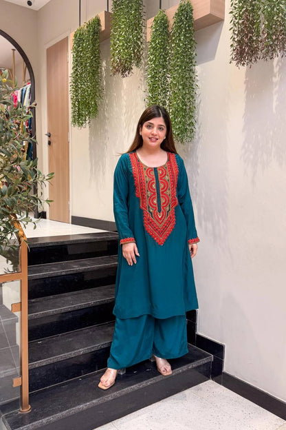 Teal Blue Embroidered Straight Kurta Palazzo Set