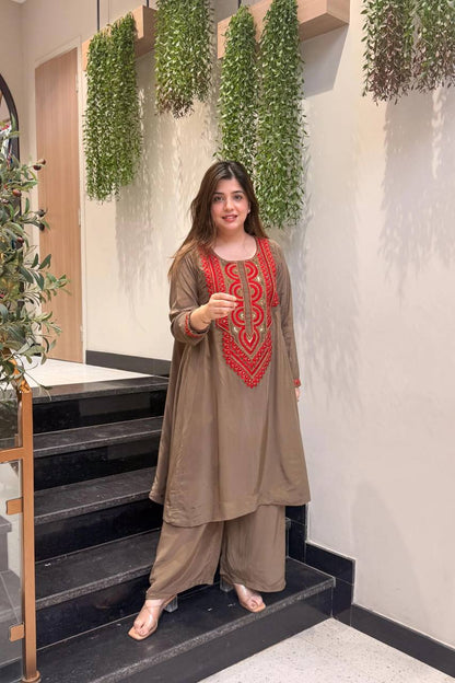 Mocha Brown Embroidered Straight Kurta Palazzo Set