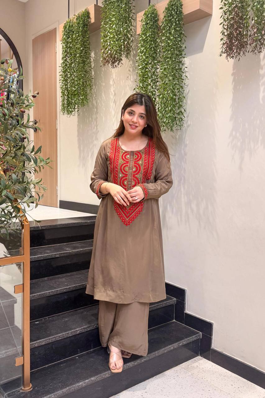 Mocha Brown Embroidered Straight Kurta Palazzo Set