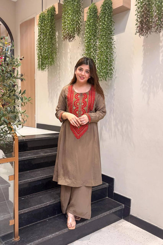 Mocha Brown Embroidered Straight Kurta Palazzo Set