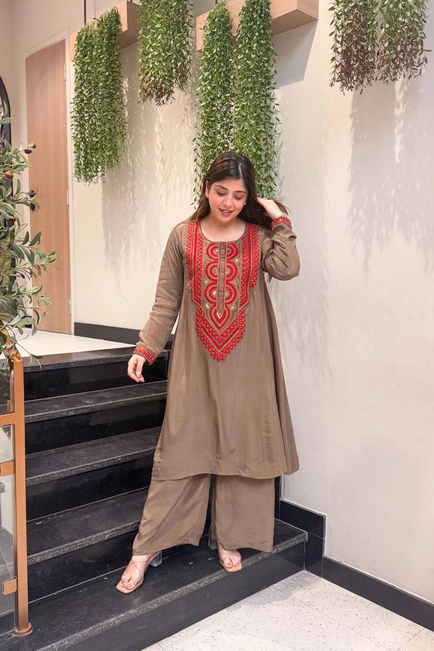 Mocha Brown Embroidered Straight Kurta Palazzo Set