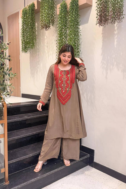 Mocha Brown Embroidered Straight Kurta Palazzo Set