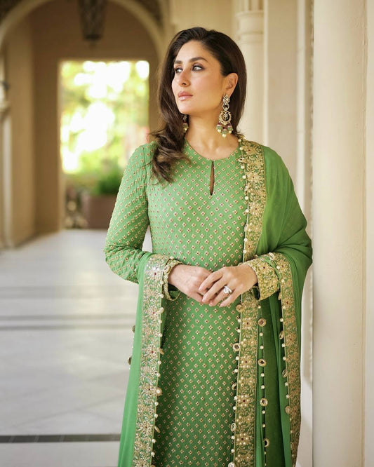 Elegant Green Embroidered Straight Suit Set