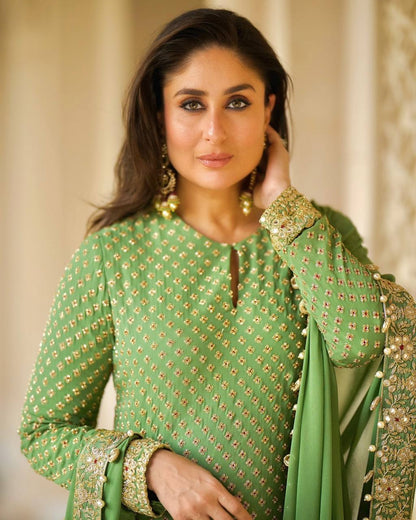 Elegant Green Embroidered Straight Suit Set