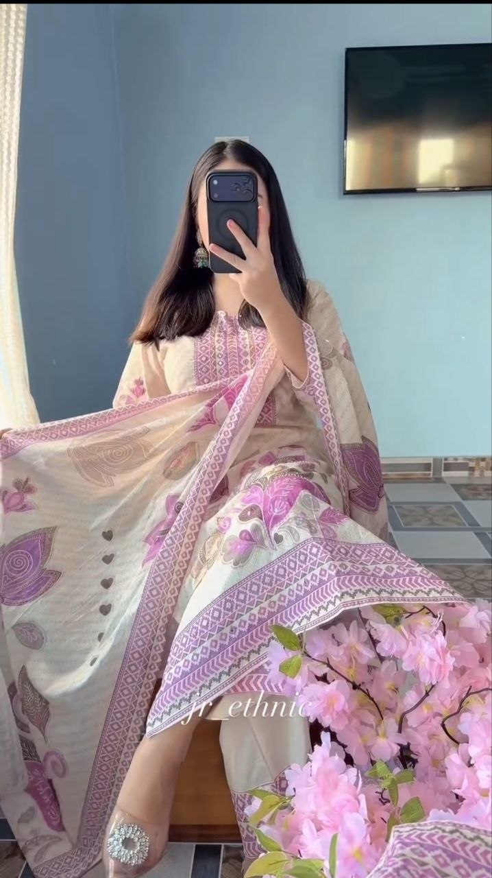 Graceful Cream & Lilac Floral Printed Cotton Stiched Dress Material with Dupatta