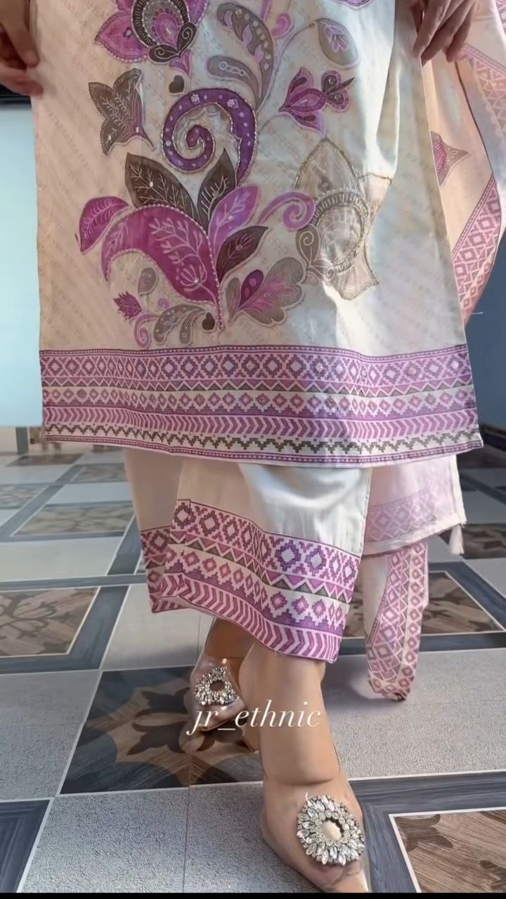 Graceful Cream & Lilac Floral Printed Cotton Stiched Dress Material with Dupatta