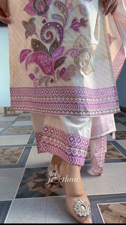 Graceful Cream & Lilac Floral Printed Cotton Stiched Dress Material with Dupatta